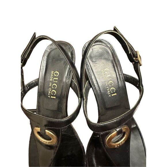 GUCCI Black Leather Slingback T Strap Sandals Size 71/2 - Picture 6 of 9